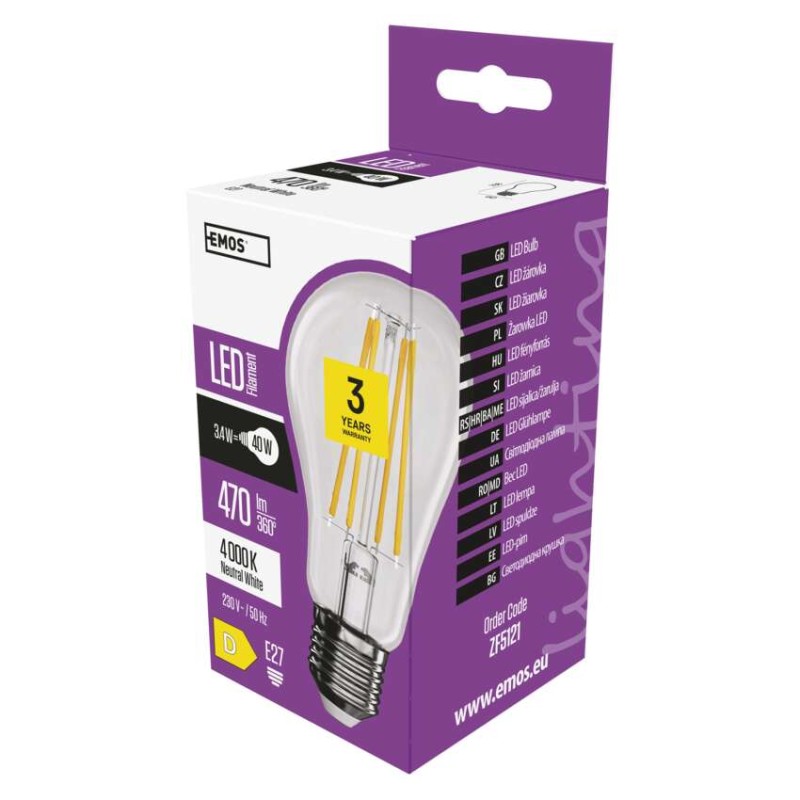 LED žiarovka Filament A60 / E27 / 3,4 W (40 W) / 470 lm / neutrálna biela