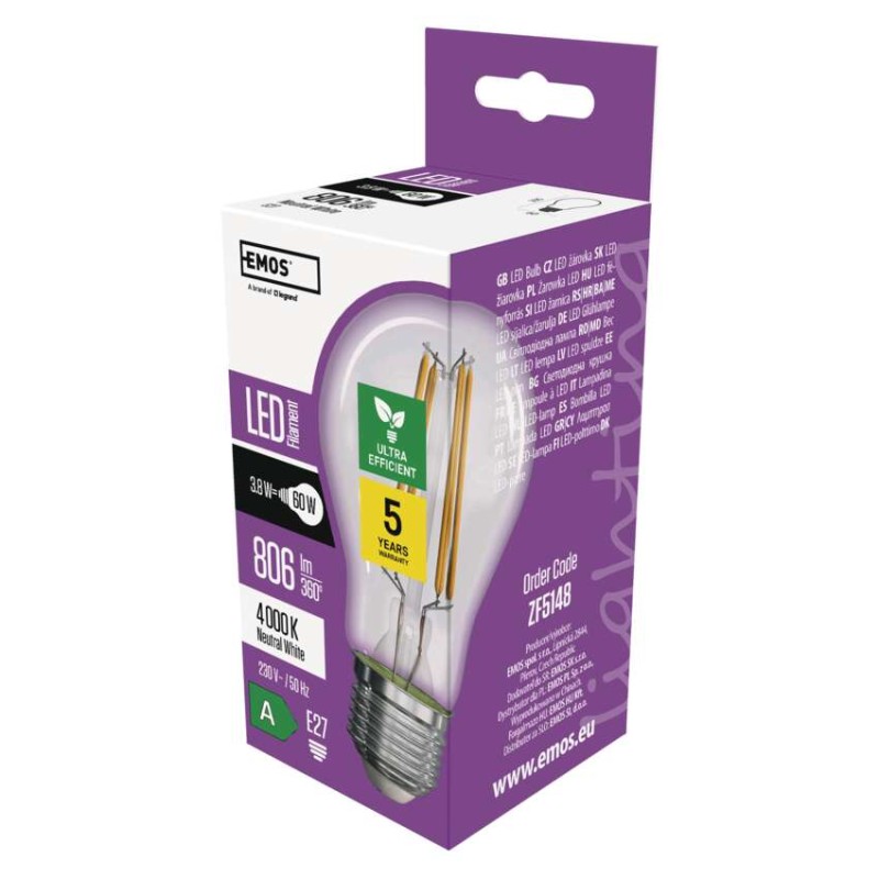 LED žiarovka Filament A60 A CLASS/ E27 / 3,8 W (60 W) / 806 lm / neutrálna biela