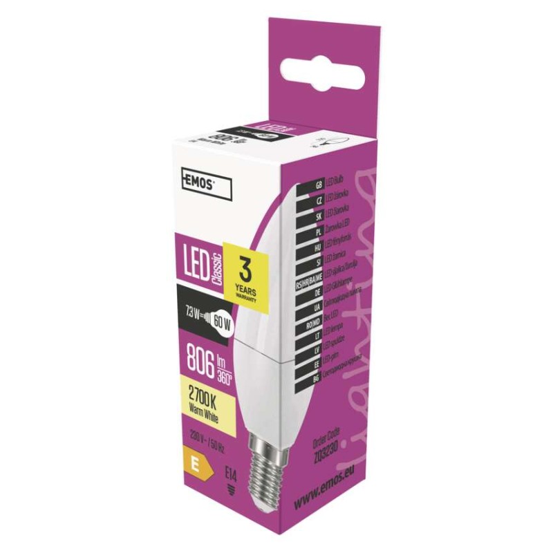 LED žiarovka Classic sviečka / E14 / 7,3 W (60 W) / 806 lm / teplá biela