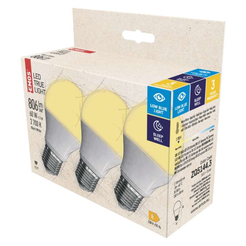 LED žiarovka True Light A60 / E27 / 7,2 W (60 W) / 806 lm / teplá biela