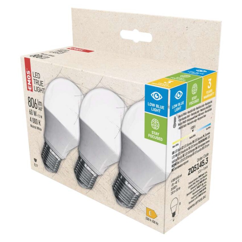 LED žárovka True Light A60 / E27 / 7,2 W (60 W) / 806 lm / neutrální bílá