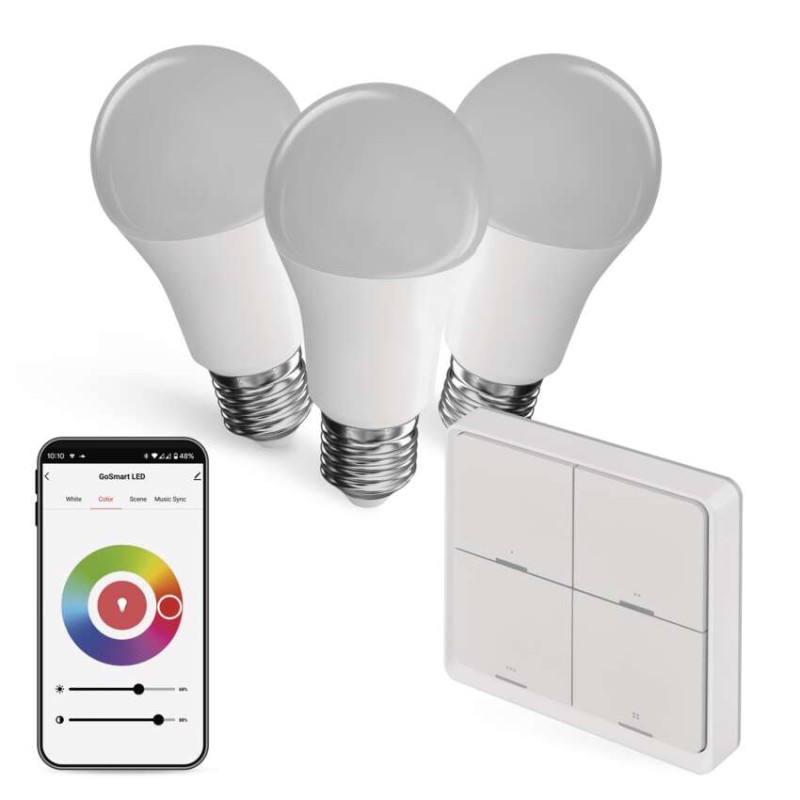 Sada GoSmart: 3x LED žárovka E27 / 11W / RGB / Zigbee,  1x ovladač scén