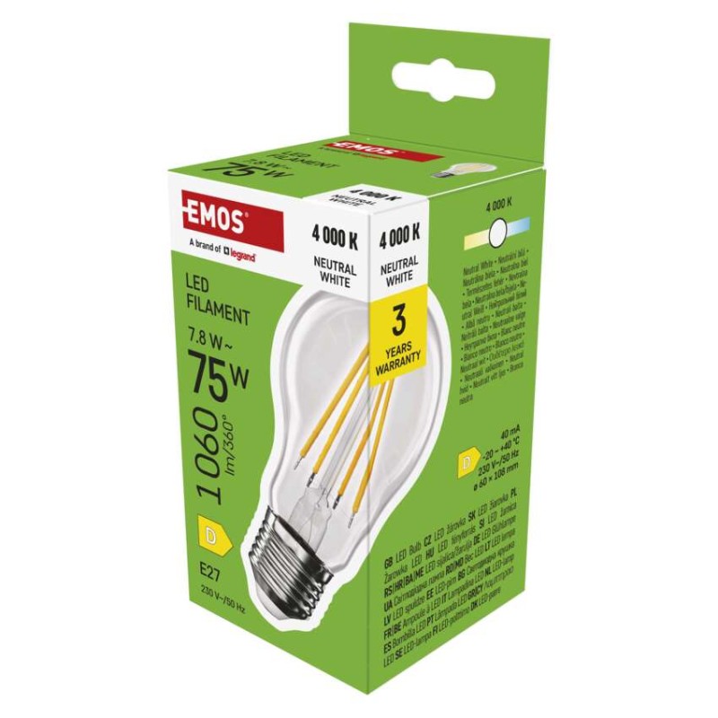 LED izzó Filament A60 / E27 / 7,8 W (75 W) / 1060 lm / Természetes fehér akciós termékkép 1