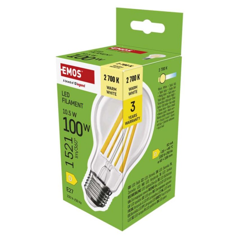 LED izzó Filament A60 / E27 / 10,5 W (100 W) / 1521 lm / Meleg fehér akciós termékkép 1