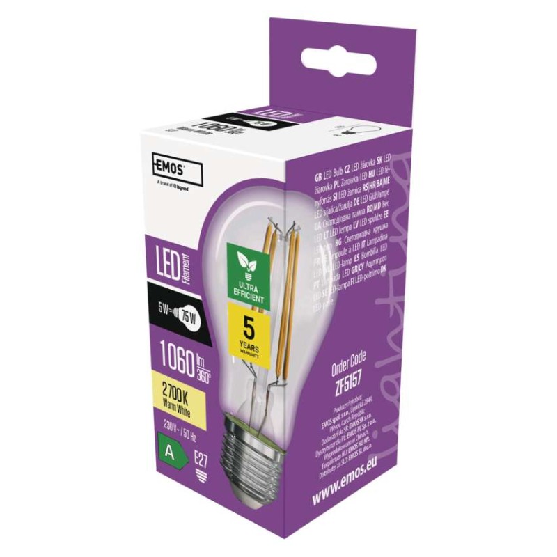 LED izzó Filament A60 A CLASS/ E27 / 5 W (75 W) / 1 060 lm / meleg fehér akciós termékkép 1