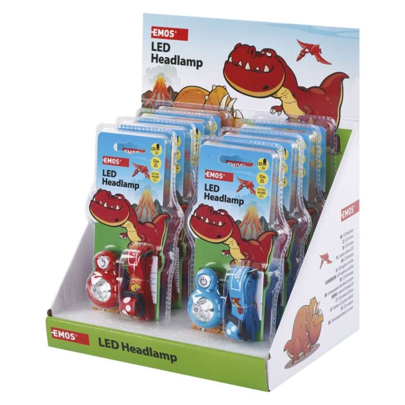 Dětská LED čelovka Dino, 2× CR2032, 8 ks, display box