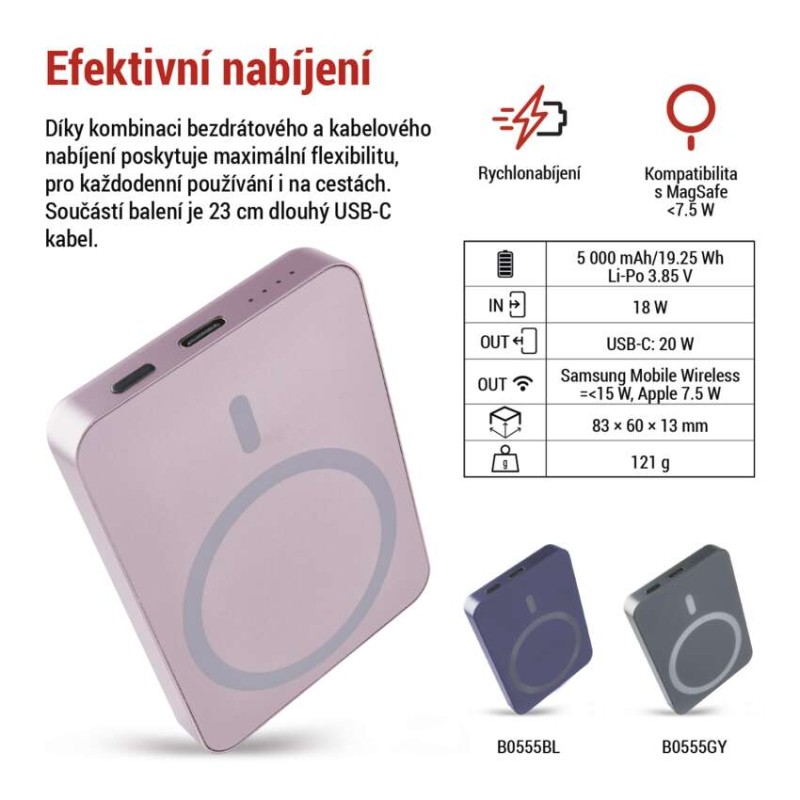 Powerbanka EMOS WI 522, 5 000 mAh, 20 W+Wireless, lososová