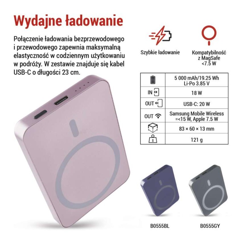 Powerbank EMOS WI 522, 5 000 mAh, 20 W+Wireless, baby pink