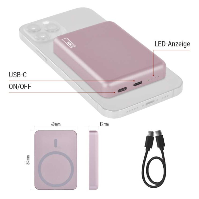 Powerbank EMOS WI 522, 5 000 mAh, 20 W+Wireless, lachs