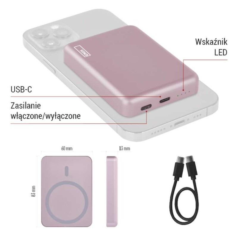 Powerbank EMOS WI 522, 5 000 mAh, 20 W+Wireless, baby pink