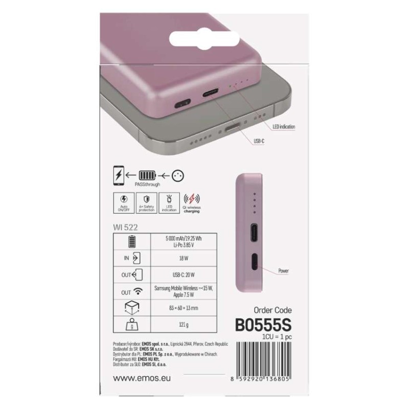 Powerbanka EMOS WI 522, 5 000 mAh, 20 W+Wireless, lososová
