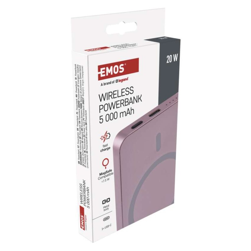 Powerbanka EMOS WI 522, 5 000 mAh, 20 W+Wireless, lososová