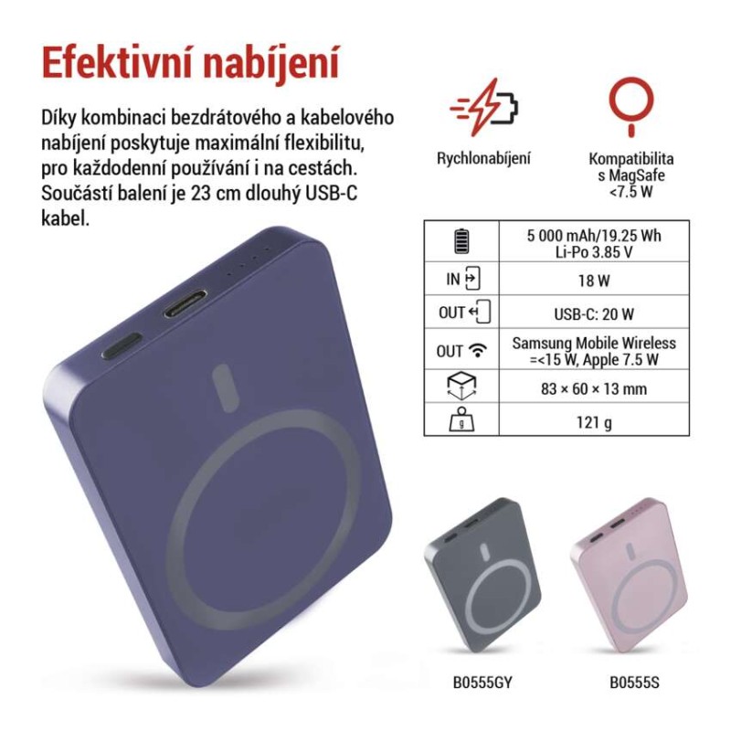 Powerbanka EMOS WI 522, 5 000 mAh, 20 W+Wireless, modrá