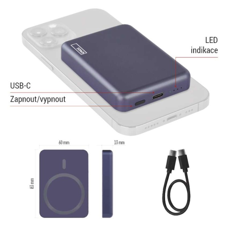Powerbanka EMOS WI 522, 5 000 mAh, 20 W+Wireless, modrá