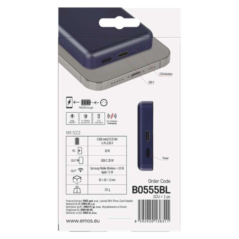 Power bank EMOS WI 522, 5 000 mAh, 20 W+Wireless, modrá