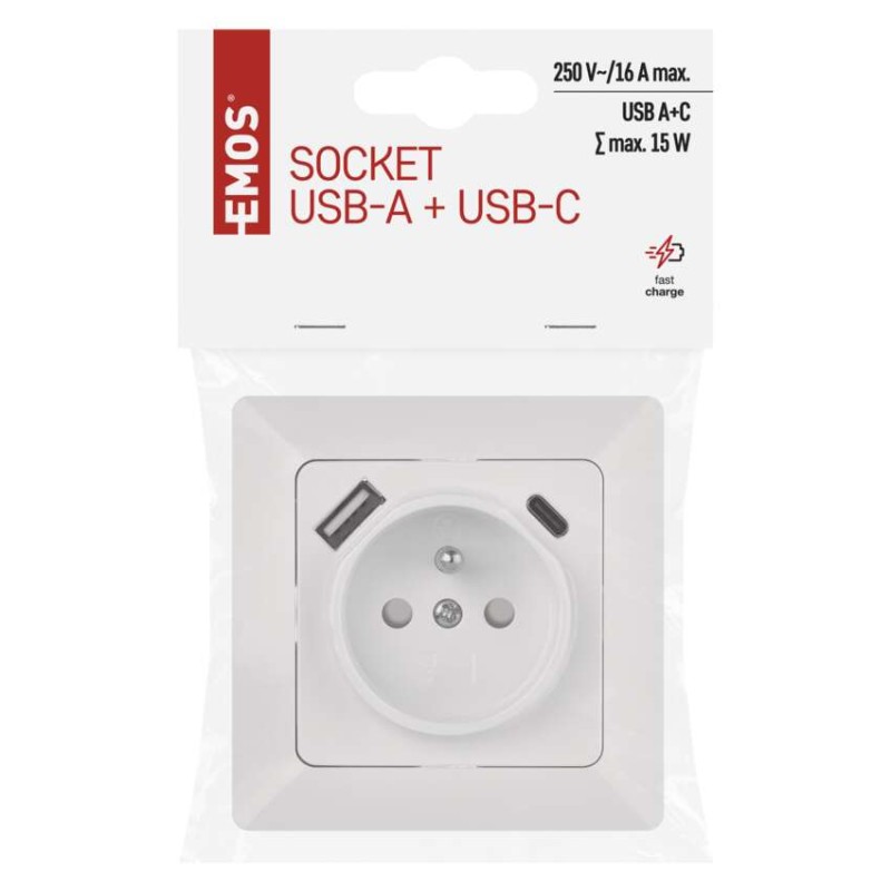 Gniazdo FRENCH z USB A+USB C. IP20 błyszczące białe