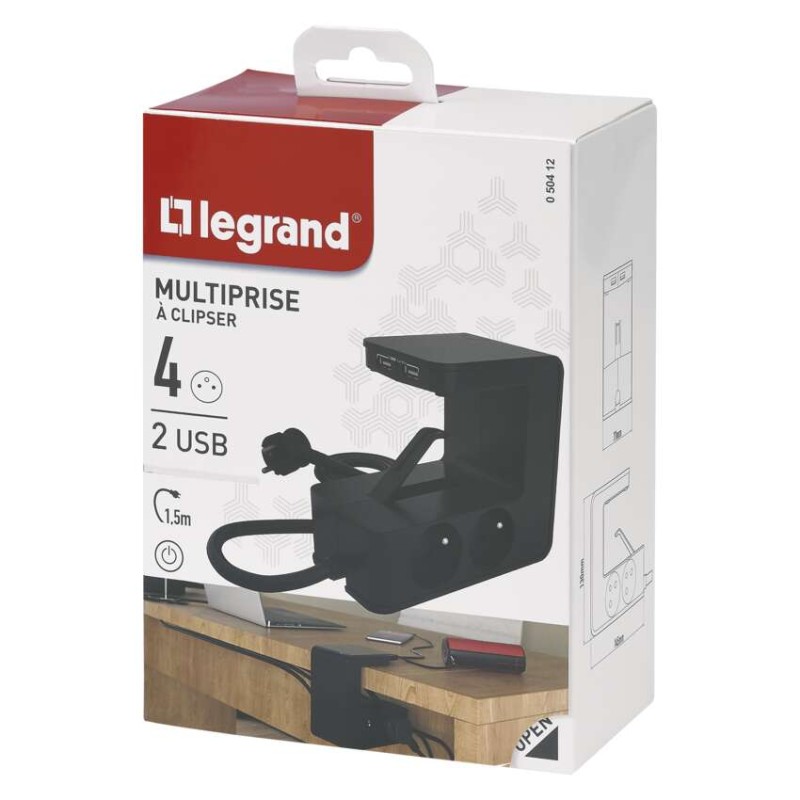 Legrand prodlužovací kabel 1,5 m / 4 zásuvky / s USB / černá / PVC / 1,5 mm2