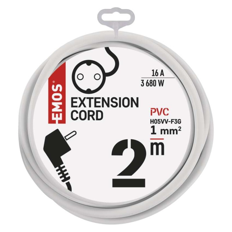 Ilgintuvas 2 m / 1 lizdas / baltas / PVC / 1 mm2 