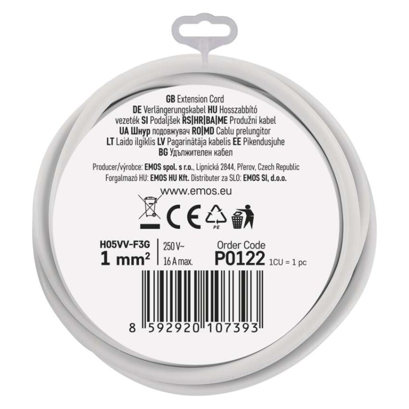 Ilgintuvas 2 m / 1 lizdas / baltas / PVC / 1 mm2 