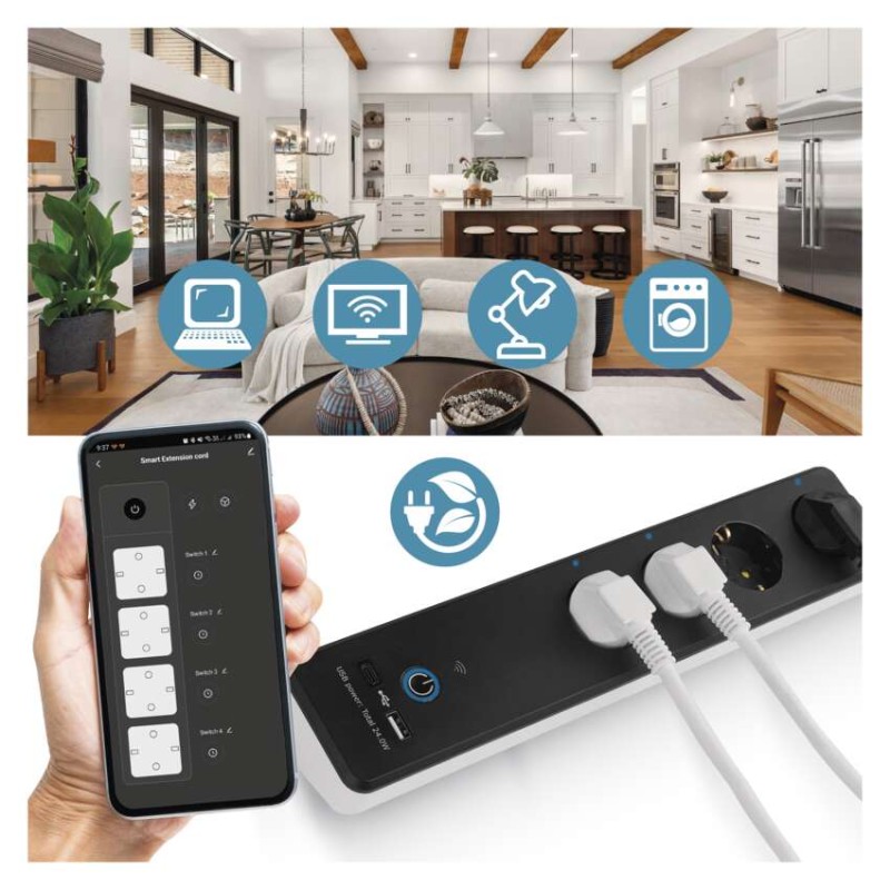 GoSmart Okos hosszabbító-elosztó 2 m/4 konnektorral/kapcs./PVC/USB-vel és wifivel/1,5 mm2