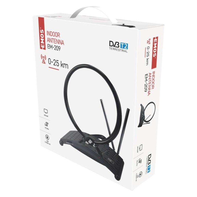 Antena pokojowa EM-209, 0–25 km, DVB-T2, DAB, FM, filtr LTE/4G