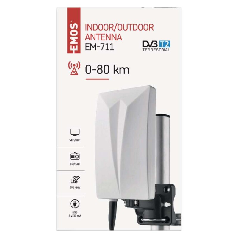 Antena uniwersalna EM-711, 0–80 km, DVB-T2, DAB, FM, filtr LTE/4G