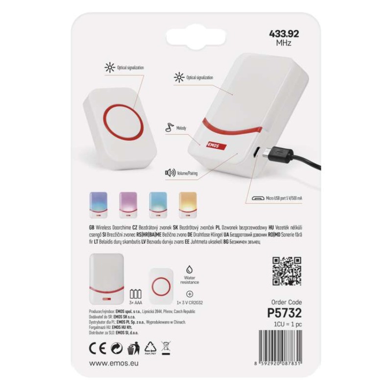 Domovní bezdrátový zvonek P5732 na 3x AAA/micro USB vstup