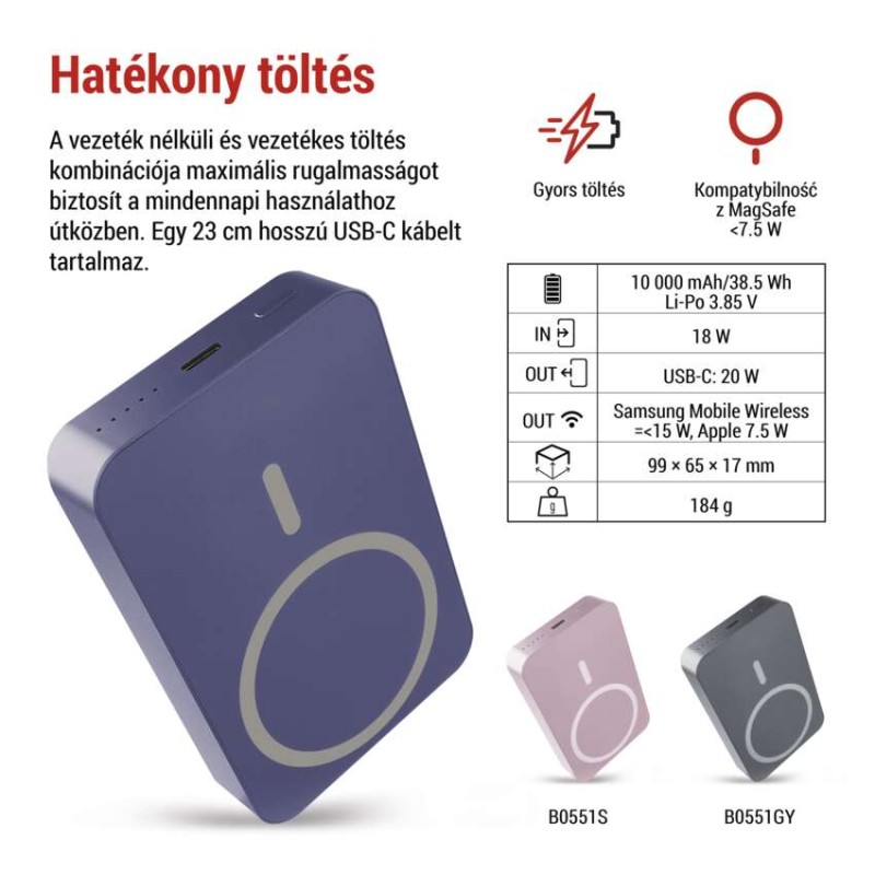 EMOS Powerbank WI 1046, 10 000 mAh, 20 W+Wireless, kék