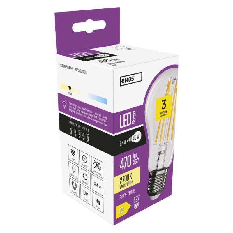LED žárovka Filament A60 / E27 / 3,4 W (40 W) / 470 lm / teplá bílá