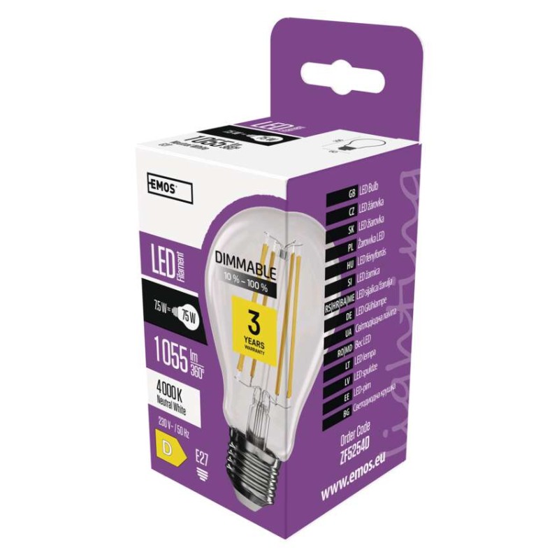 LED izzó Filament A60 / E27 / 7,5 W (75 W) / 1 055 lm / természetes fehér / dimmelhető akciós termékkép 1