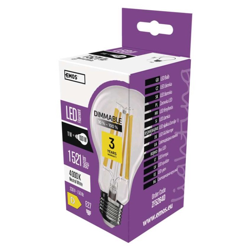 LED izzó Filament A60 / E27 / 11W (100W) / 1521 lm / természetes fehér / dimmelhető akciós termékkép 1