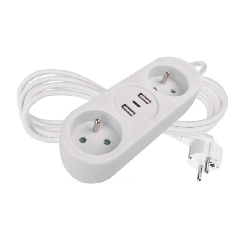 Prodlužovací kabel 1,4 m / 2 zásuvky+2×USB-A+1×USB-C / s vypínačem  / bílý / PVC / 1,5 mm2