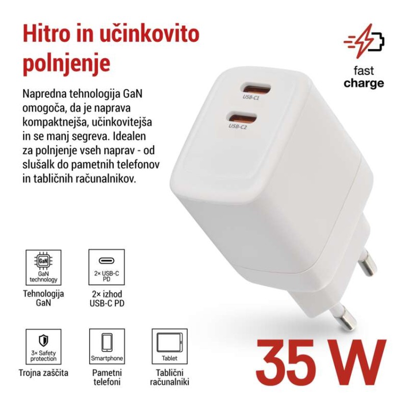 USB polnilec hišni GaN PD 35 W max.