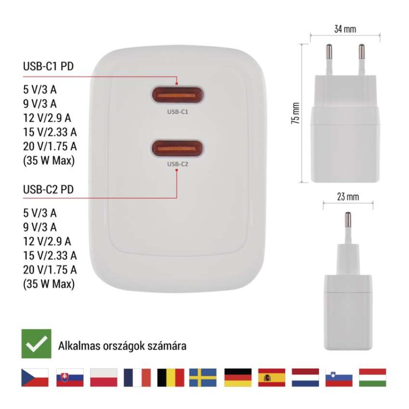 EMOS Univerzális USB töltő GaN PD 35 W max.