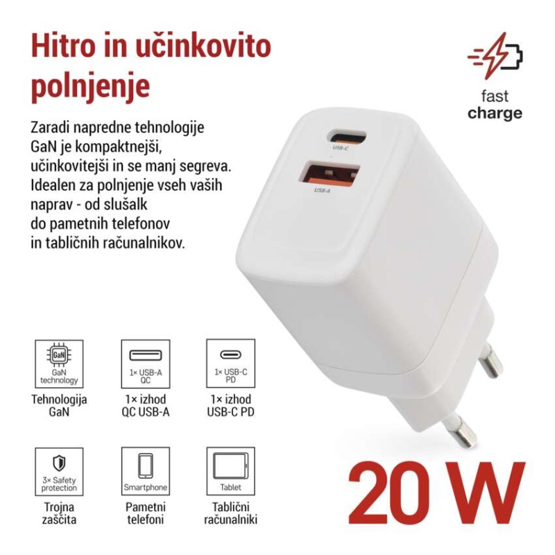USB polnilec hišni GaN PD 20 W max.