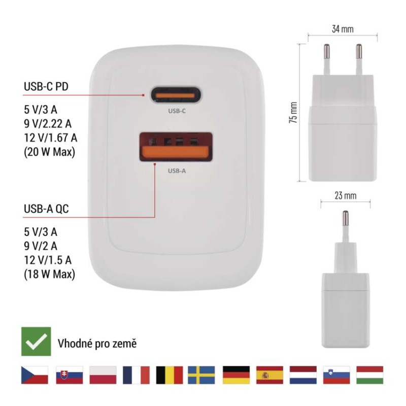Univerzální USB adaptér GaN do sítě PD 20 W max.
