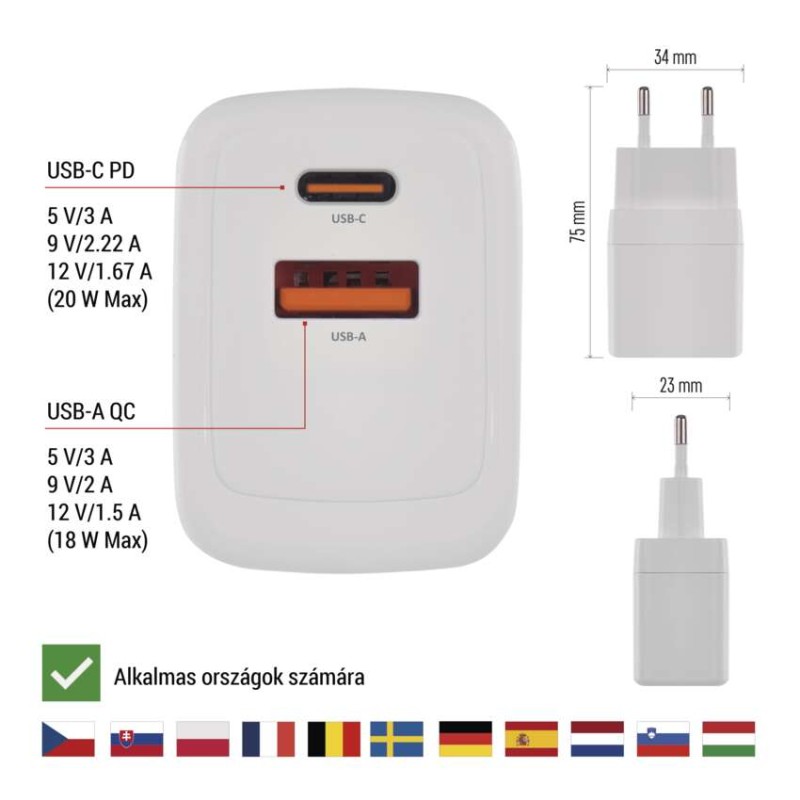 EMOS Univerzális USB töltő GaN PD 20 W max.