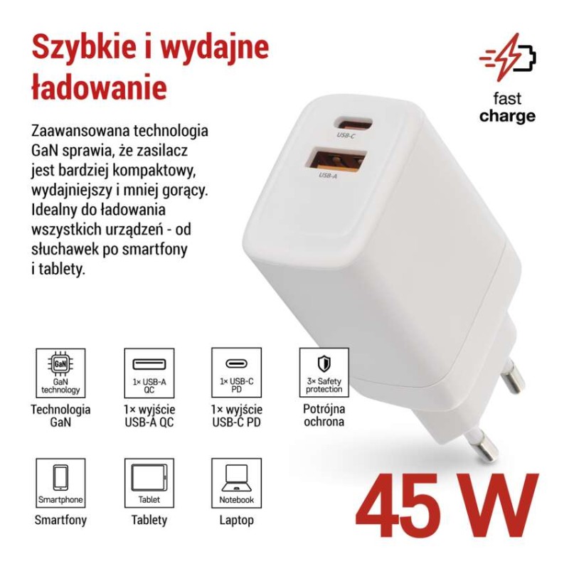 Ładowarka USB GaN PD 45 W max.
