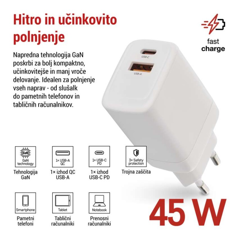 USB polnilec hišni GaN PD 45 W max.