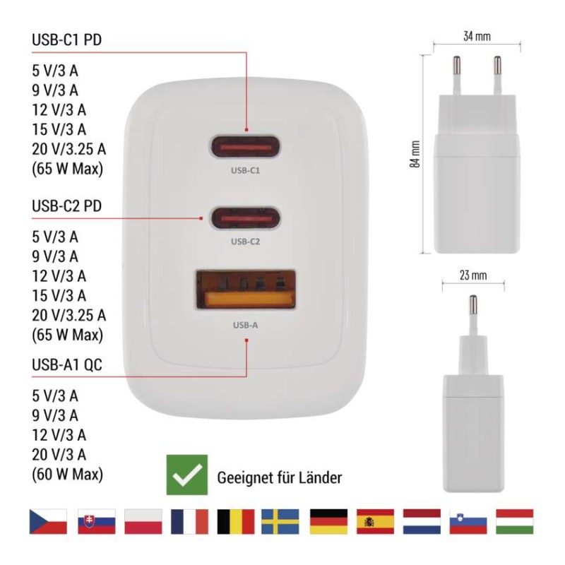 USB Netzadapter GaN PD 65 W max.