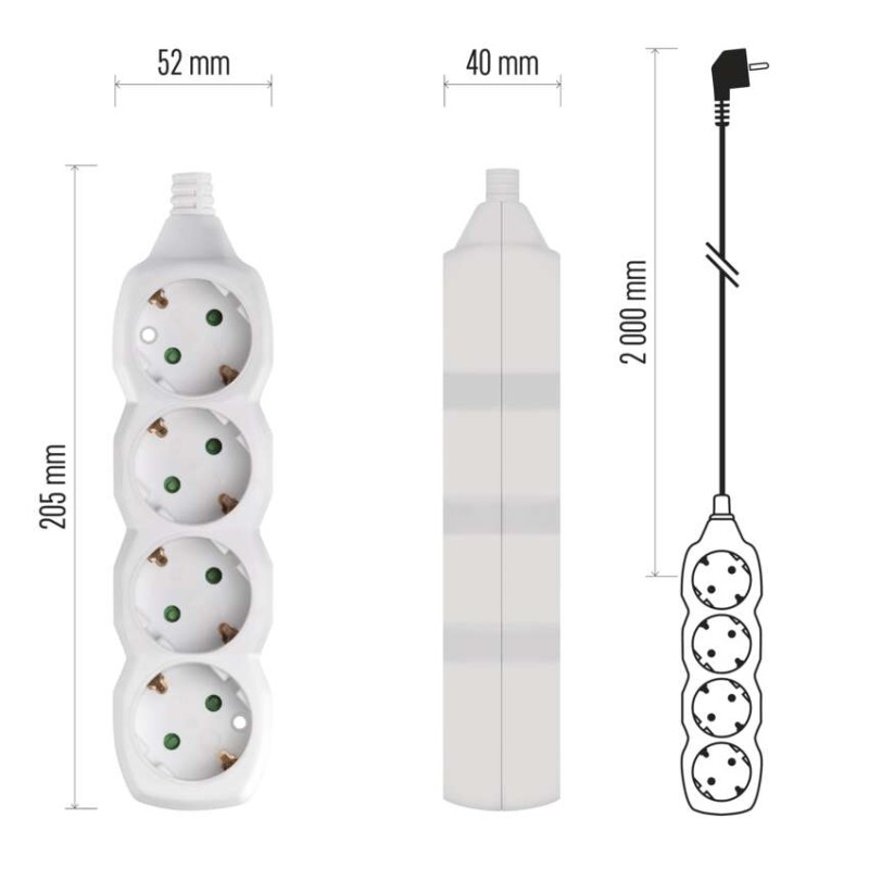 Prailginimo laidas 2 m / 4 lizdai / baltas / PVC / 1 mm2