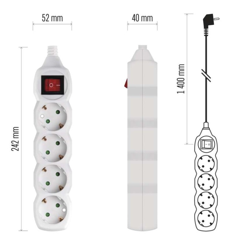 Prailginimo laidas 1,4 m / 4 lizdai / baltas / PVC / 1 mm2