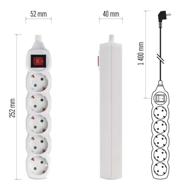 Prailginimo laidas 1,4 m / 5 lizdai / baltas / PVC / 1 mm2