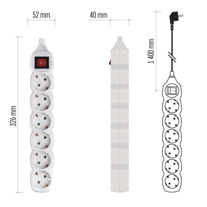 Prailginimo laidas 1,4 m / 6 lizdai / baltas / PVC / 1 mm2