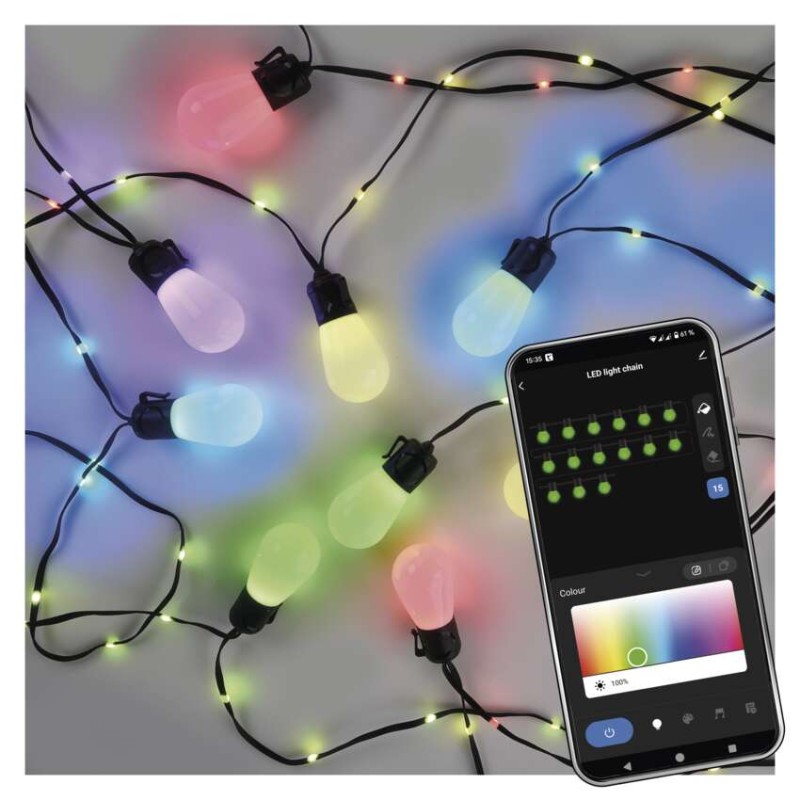 GoSmart LED světelný řetěz – 15× párty žárovky, 15 m, venkovní i vnitřní, RGB, WiFi