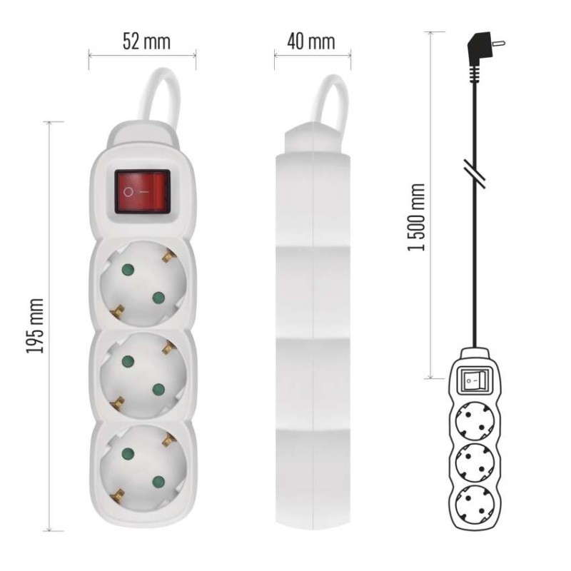 Ilgintuvas 1,5 m / 3 lizdai / su jungikliu / baltas / PVC / 1 mm2 