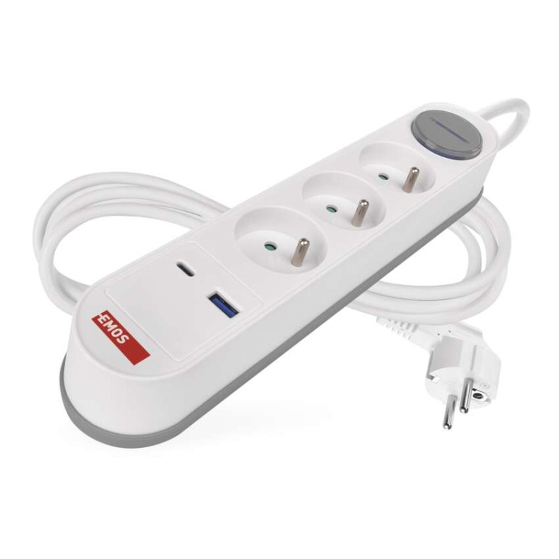 Prodlužovací kabel 2 m / 3 zásuvky / s vypínačem / bílý / 1×USB-A + 1×USB-C / 1,5 mm2