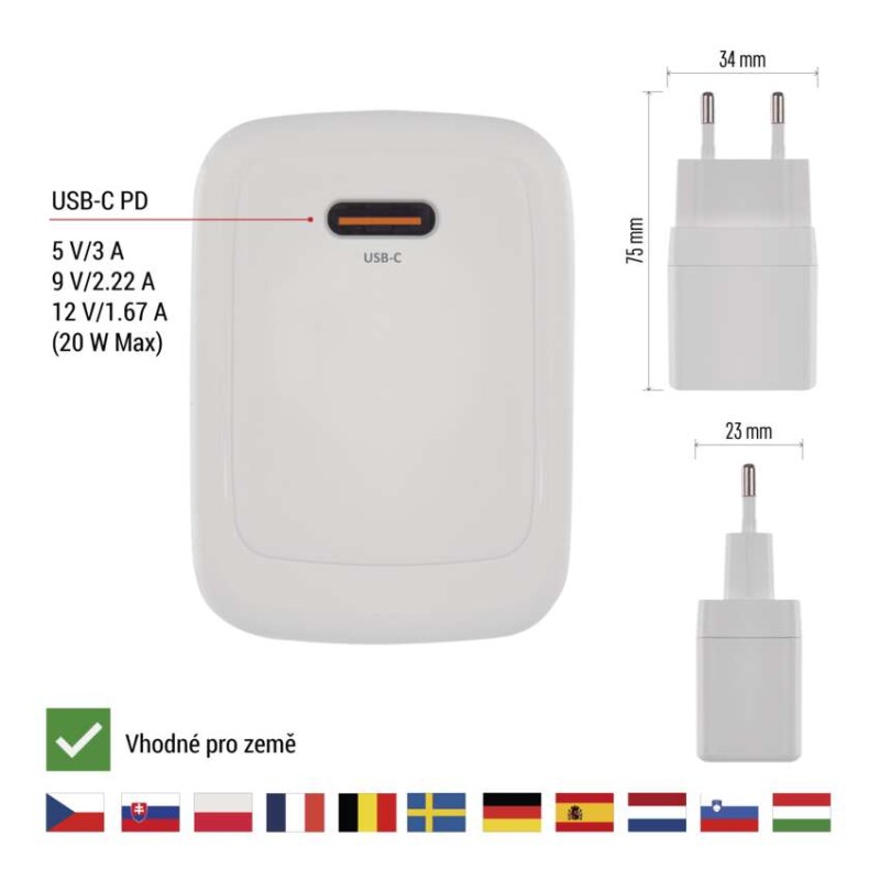 Univerzální USB adaptér GaN do sítě PD 20 W max.