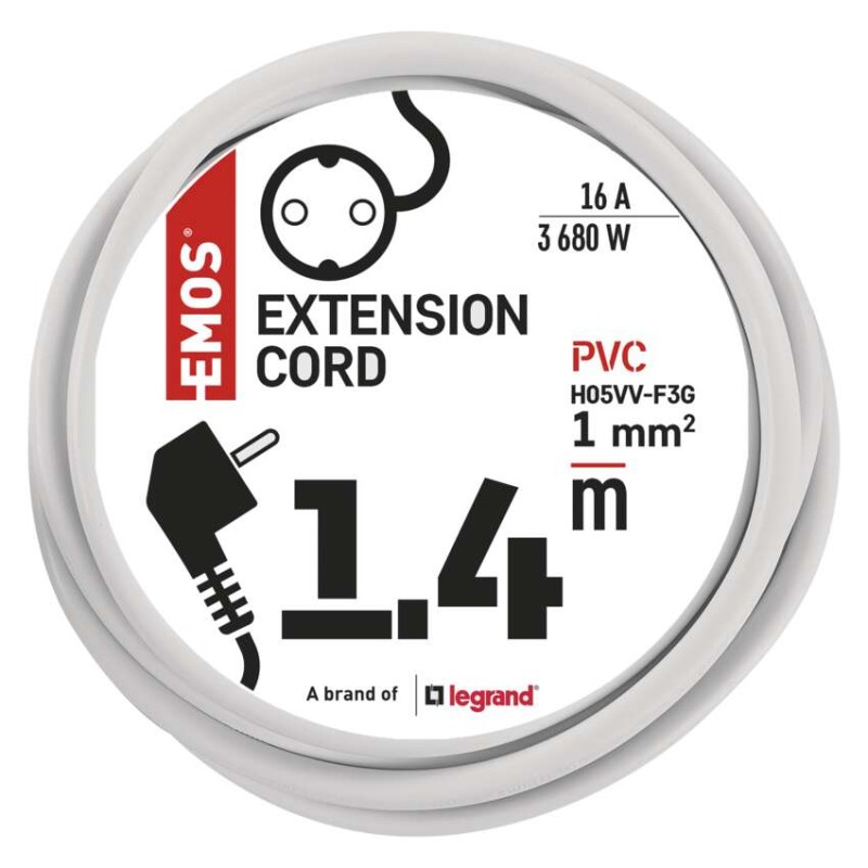 Prailginimo laidas 1,4 m / 1 lizda / baltas / PVC / 1 mm2