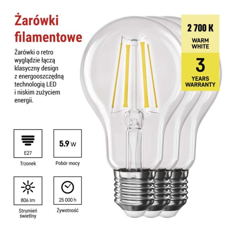 Żarówka LED Filament A60 / E27 / 5,9 W (60 W) / 806 lm / Ciepła biel